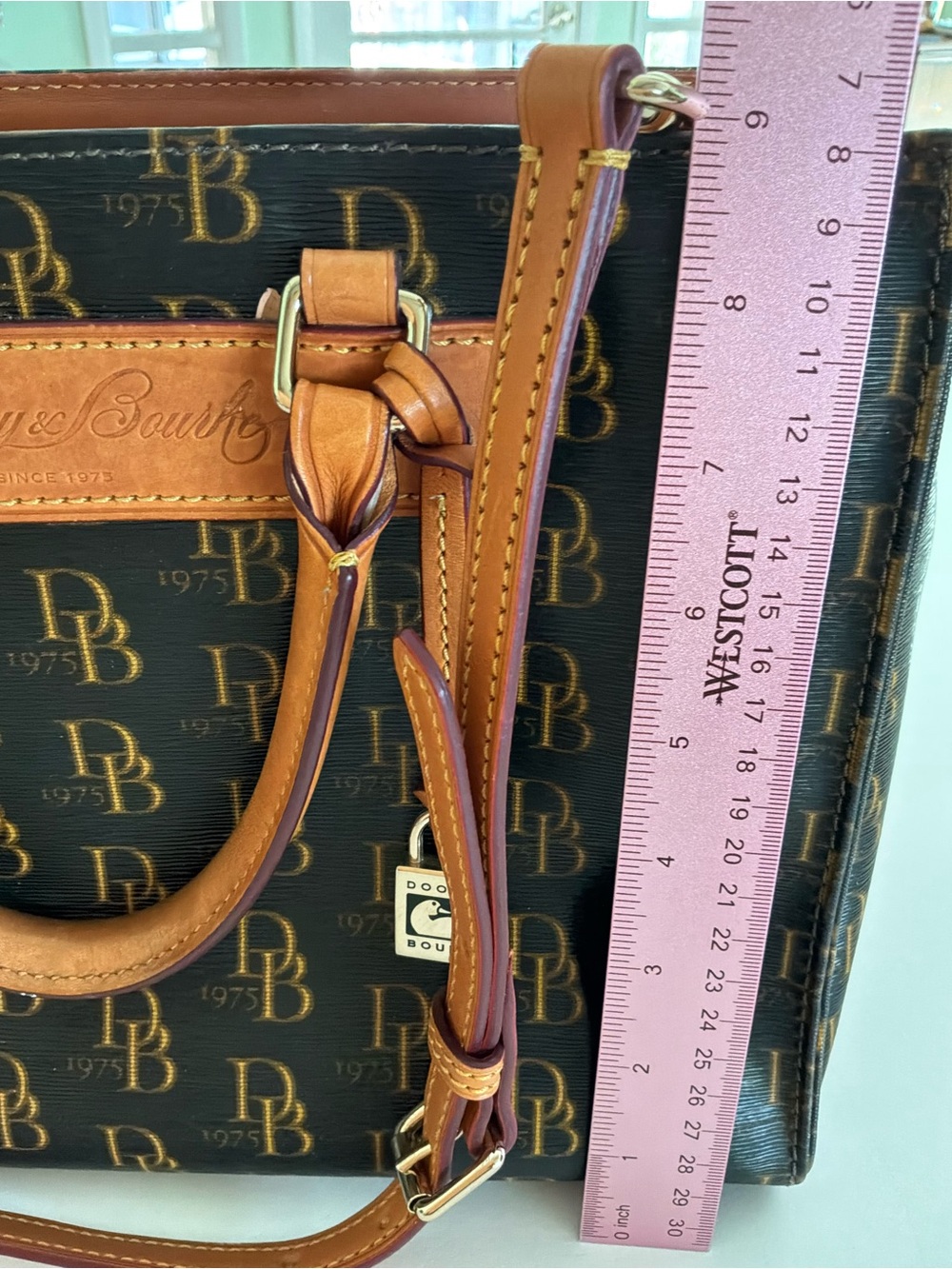 Dooney & Bourke Brown Logo Satchel with Tan Leather Trim and Crossbody Strap - Picture 15 of 16